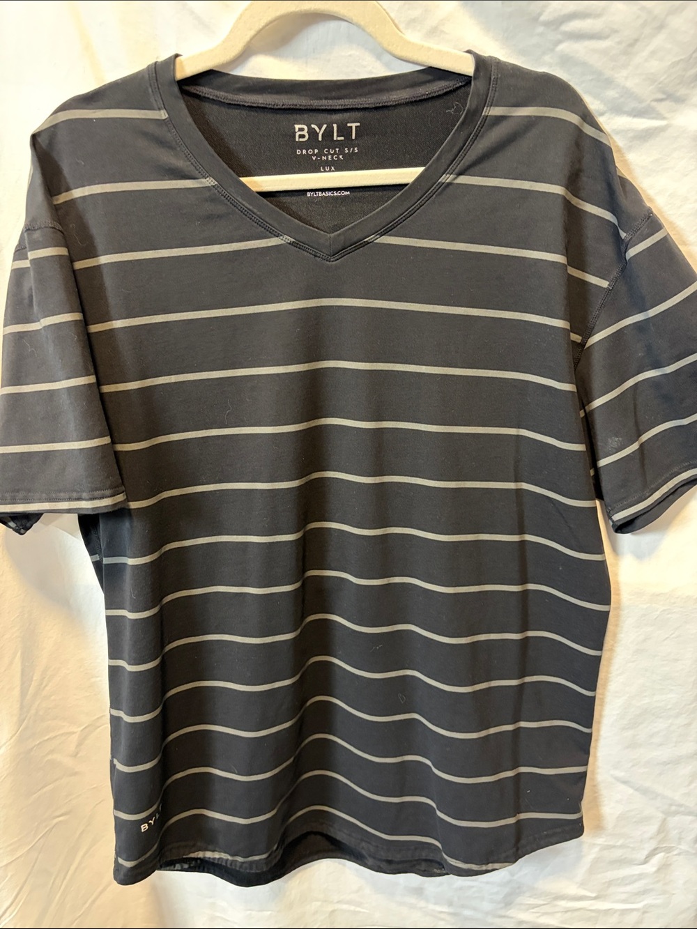 BYLT Basics Men's Charcoal Gray Striped V-Neck Tee